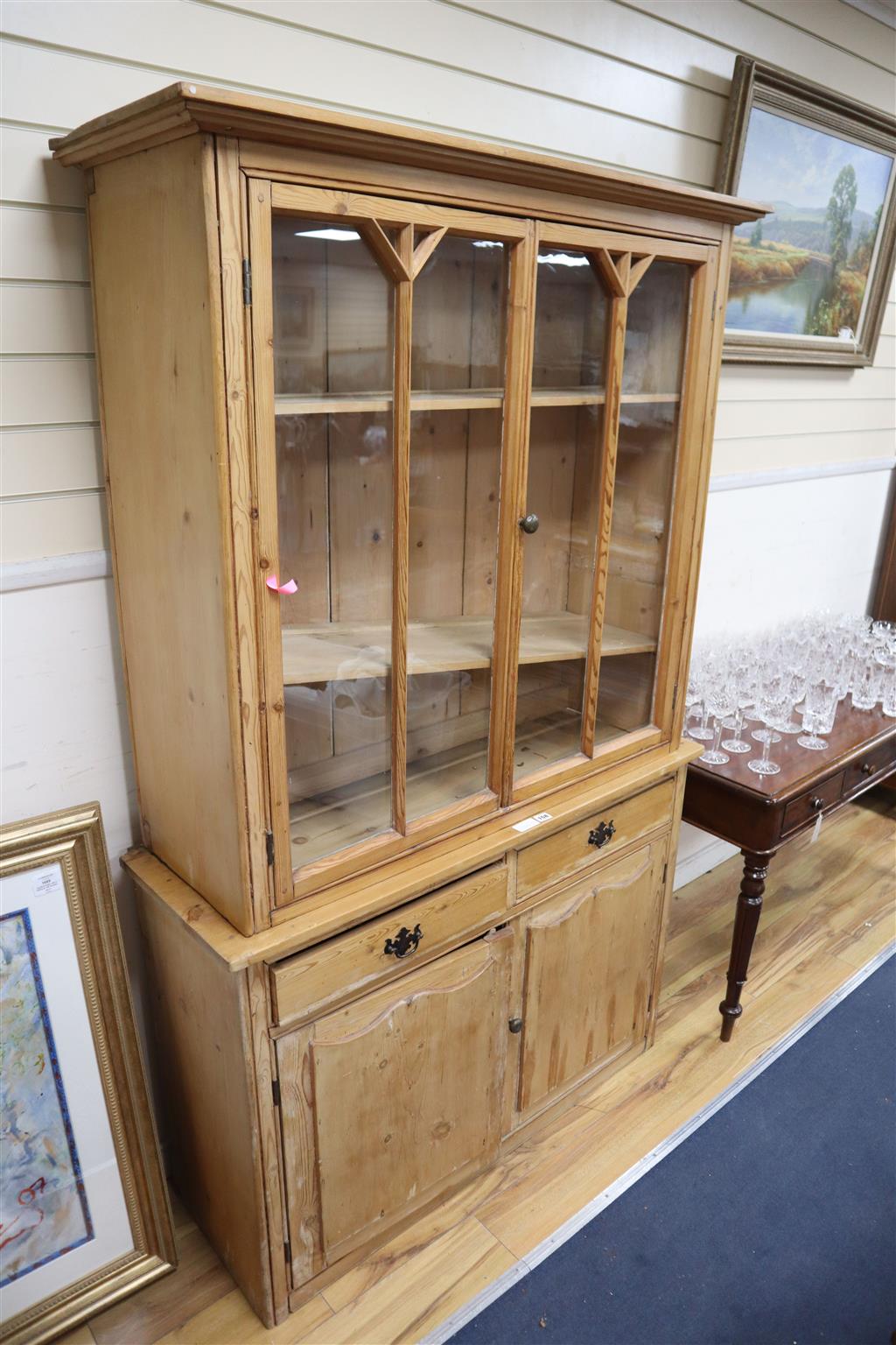 A Victorian pine glazed cabinet, width 118cm, depth 40cm, height 194cm